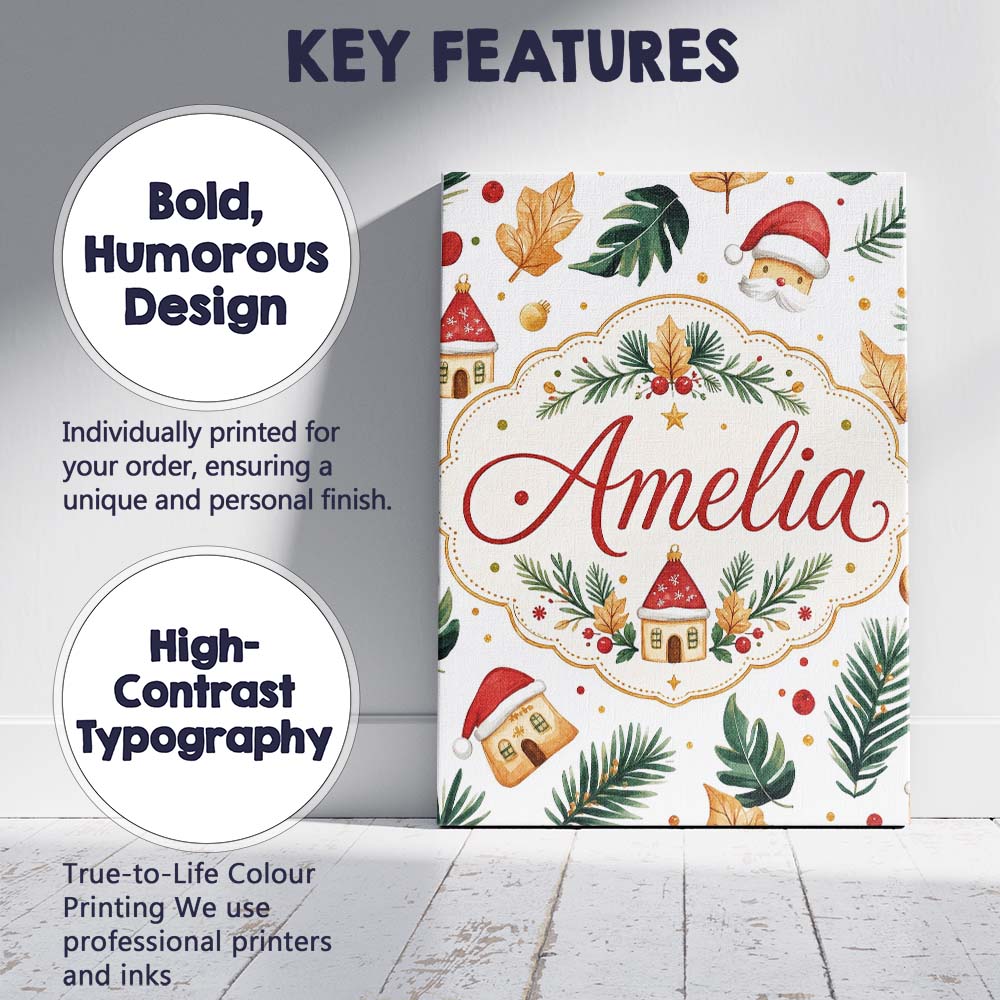 Personalised Name Festive Christmas Leaves Custom  Unique Gift Idea Elegant Feature Canvas Wall Art Print Decor Picture Ready to Hang
