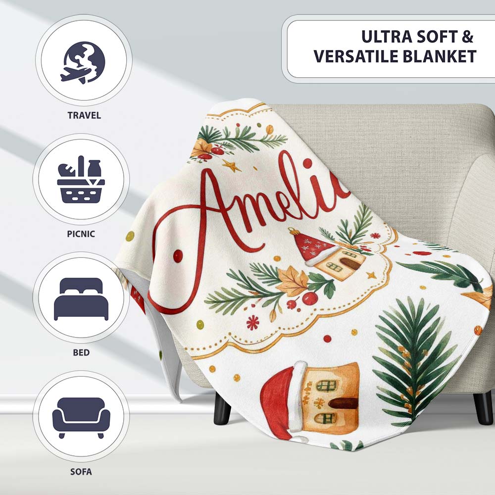 Festive Christmas Leaves Santa Houses Baubles Watercolor Seamless  Personalised Custom Name Super Soft Fleece Blanket Bed Sofa Throw