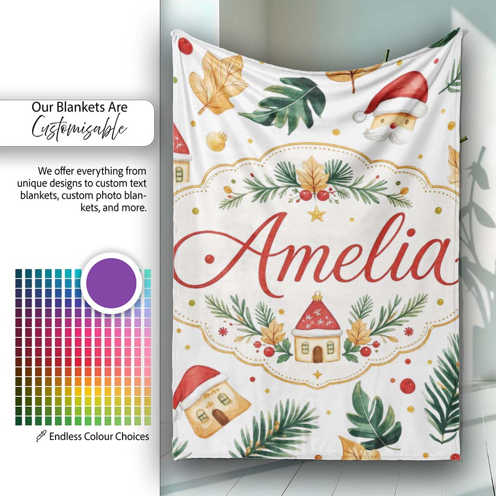 Festive Christmas Leaves Santa Houses Baubles Watercolor Seamless  Personalised Custom Name Super Soft Fleece Blanket Bed Sofa Throw