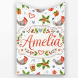 Cute Christmas Birds Gifts Holly Hearts Festive Watercolor Seamless  Personalised Custom Name Super Soft Fleece Blanket Bed Sofa Throw