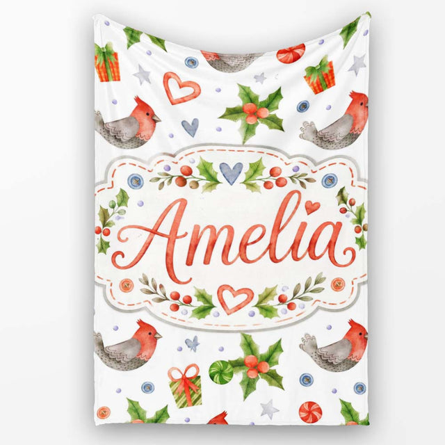 Cute Christmas Birds Gifts Holly Hearts Festive Watercolor Seamless  Personalised Custom Name Super Soft Fleece Blanket Bed Sofa Throw