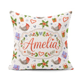 Custom Name Birds Gifts Holly Hearts Festive Watercolor Seamless Square Filled Cushion Throw Pillow Sofa Bed Home Decor Zip Washable UK Made