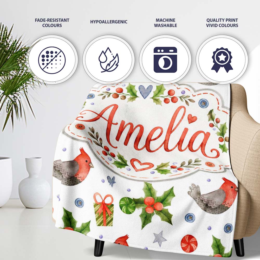 Cute Christmas Birds Gifts Holly Hearts Festive Watercolor Seamless  Personalised Custom Name Super Soft Fleece Blanket Bed Sofa Throw
