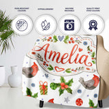 Cute Christmas Birds Gifts Holly Hearts Festive Watercolor Seamless  Personalised Custom Name Super Soft Fleece Blanket Bed Sofa Throw