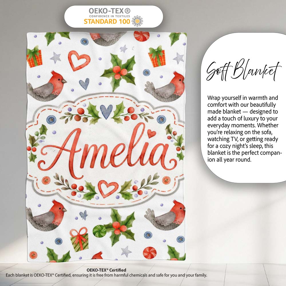 Cute Christmas Birds Gifts Holly Hearts Festive Watercolor Seamless  Personalised Custom Name Super Soft Fleece Blanket Bed Sofa Throw
