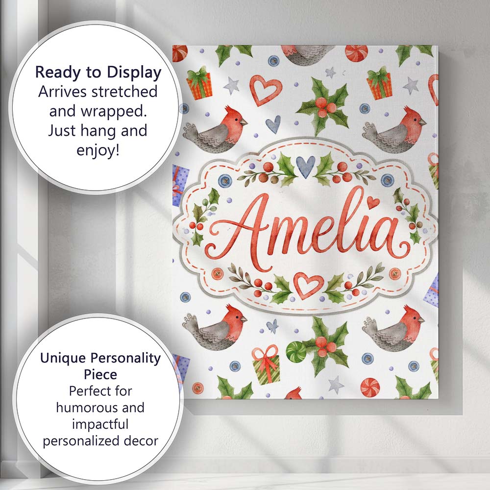 Personalised Name Cute Christmas Birds Custom  Modern Room Accent Elegant Feature Canvas Wall Art Print Decor Picture Ready to Hang