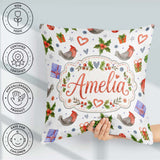 Custom Name Birds Gifts Holly Hearts Festive Watercolor Seamless Square Filled Cushion Throw Pillow Sofa Bed Home Decor Zip Washable UK Made