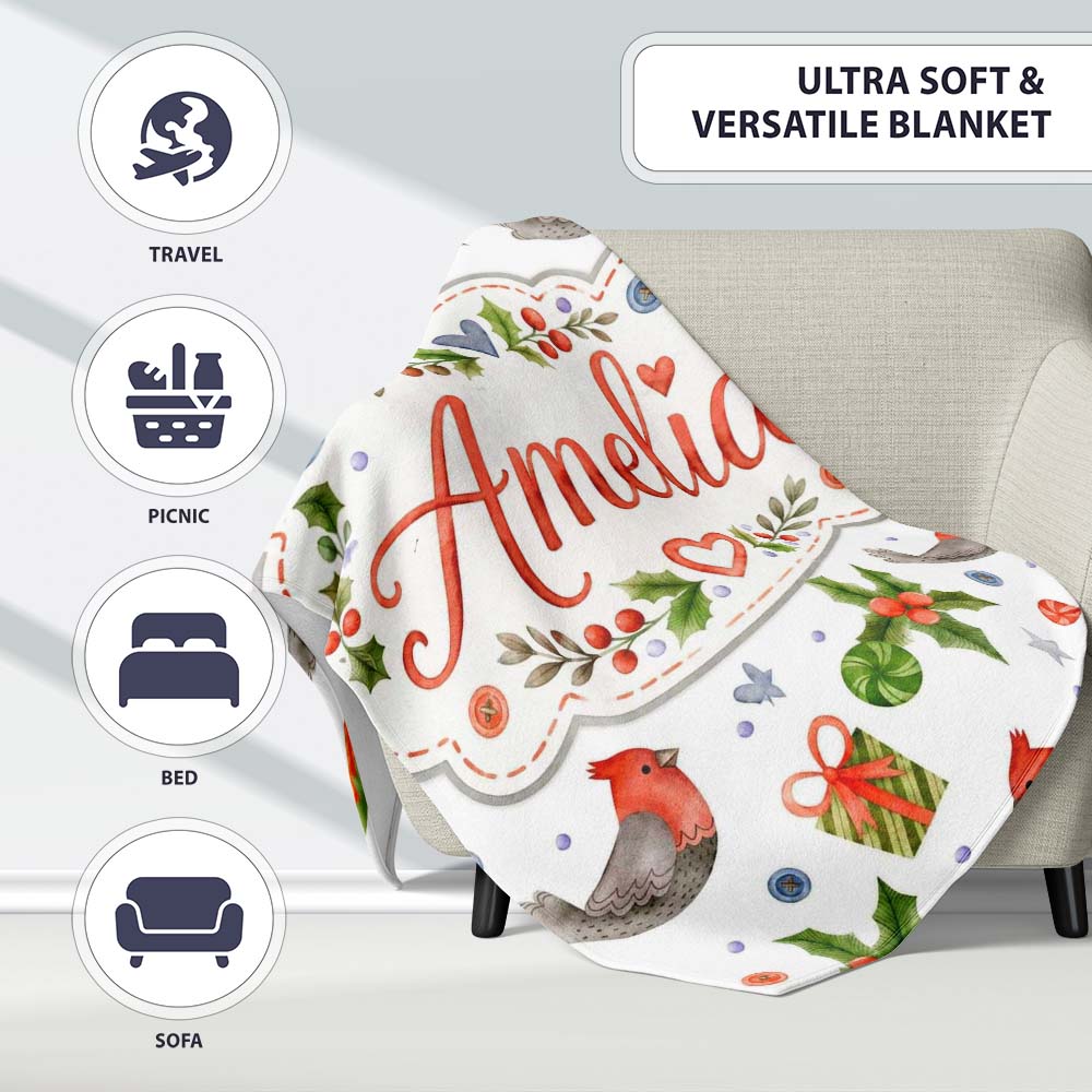 Cute Christmas Birds Gifts Holly Hearts Festive Watercolor Seamless  Personalised Custom Name Super Soft Fleece Blanket Bed Sofa Throw