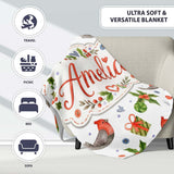Cute Christmas Birds Gifts Holly Hearts Festive Watercolor Seamless  Personalised Custom Name Super Soft Fleece Blanket Bed Sofa Throw