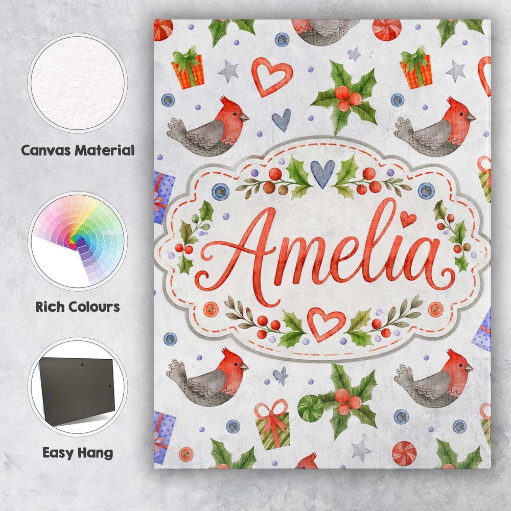 Personalised Name Cute Christmas Birds Custom  Modern Room Accent Elegant Feature Canvas Wall Art Print Decor Picture Ready to Hang