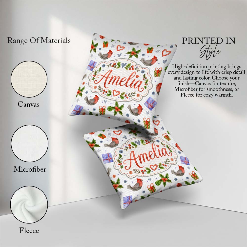 Custom Name Birds Gifts Holly Hearts Festive Watercolor Seamless Square Filled Cushion Throw Pillow Sofa Bed Home Decor Zip Washable UK Made