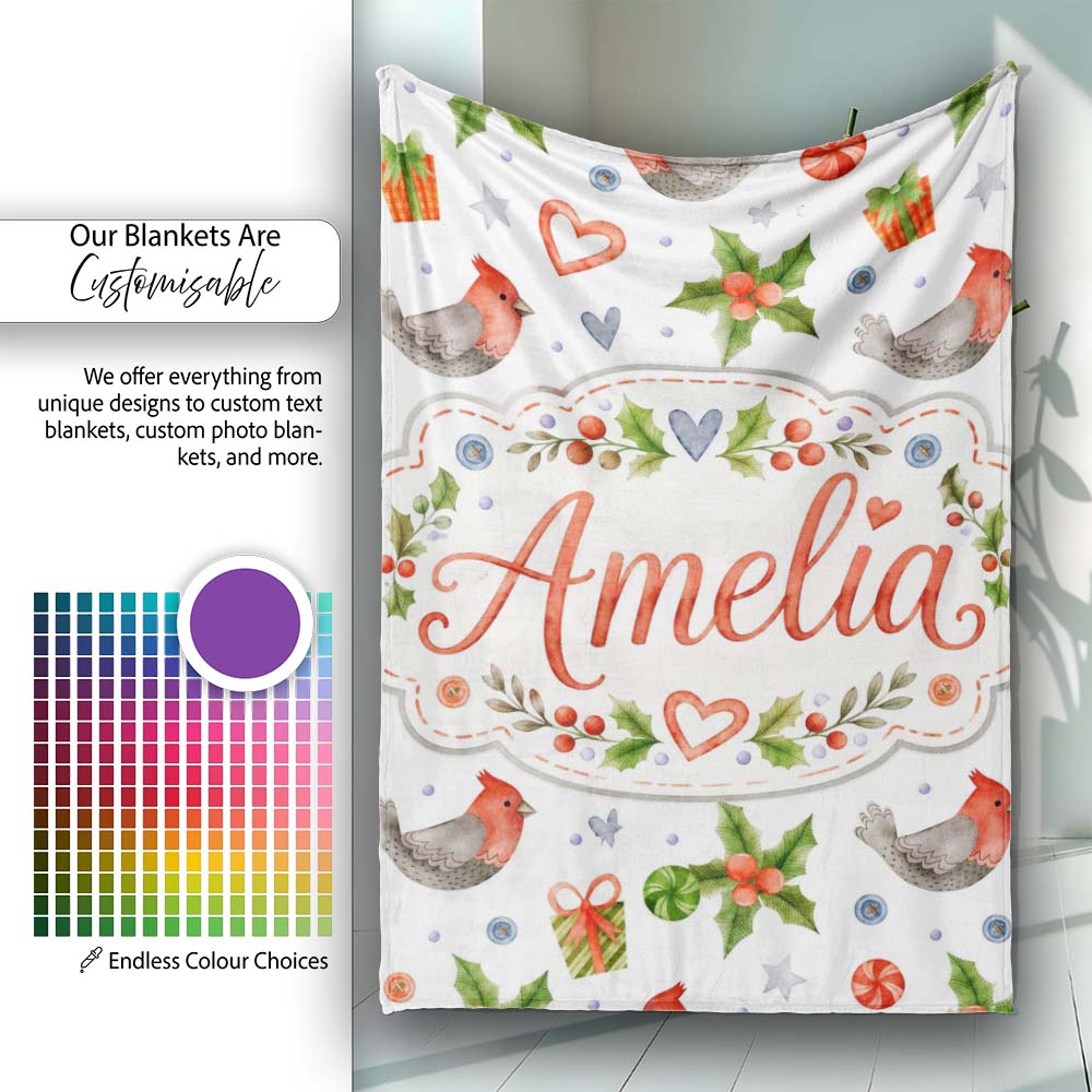 Cute Christmas Birds Gifts Holly Hearts Festive Watercolor Seamless  Personalised Custom Name Super Soft Fleece Blanket Bed Sofa Throw