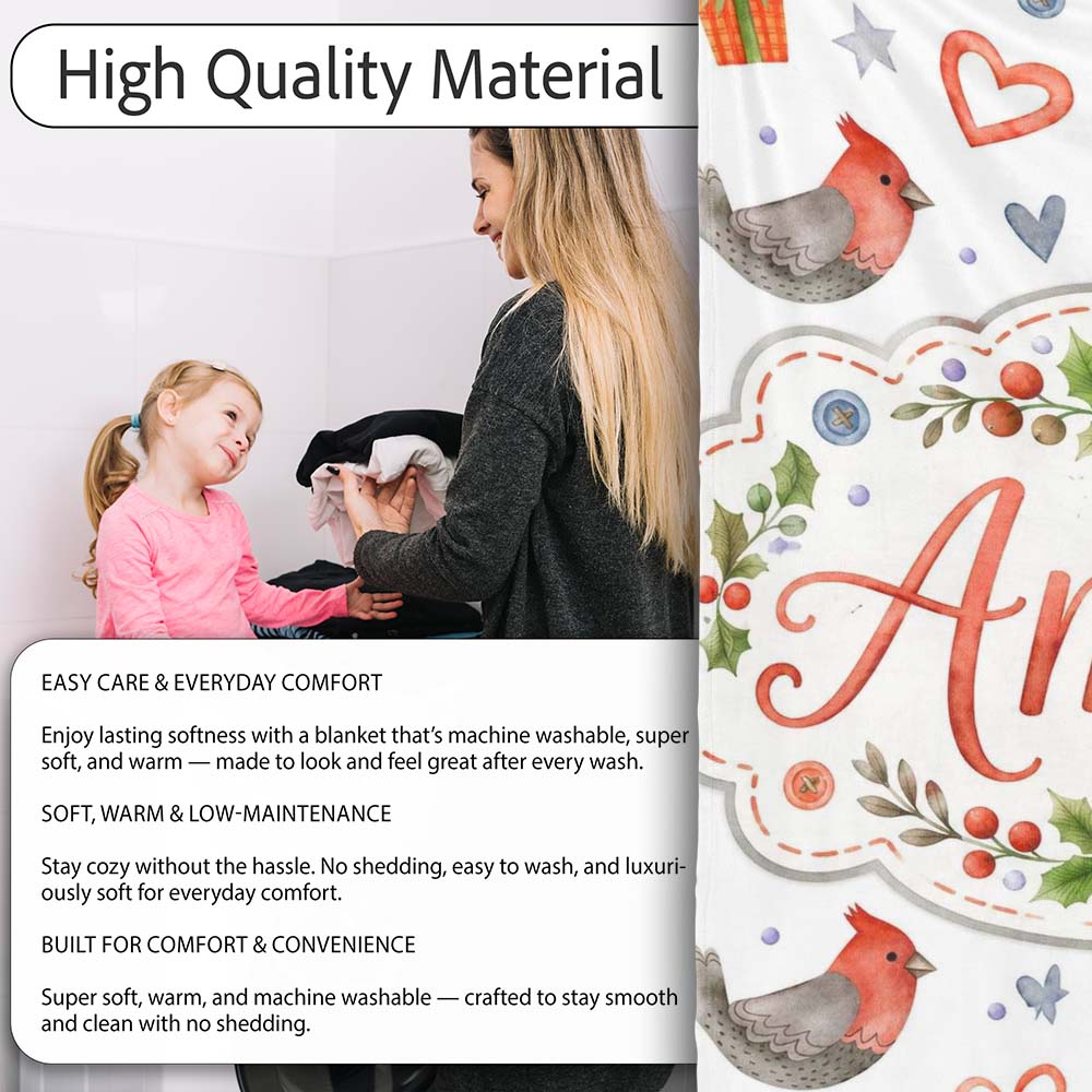 Cute Christmas Birds Gifts Holly Hearts Festive Watercolor Seamless  Personalised Custom Name Super Soft Fleece Blanket Bed Sofa Throw