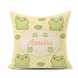 Custom Name Cute Frog Lily Pad Cartoon Animal Pattern Gift Idea Square Filled Cushion Throw Pillow Sofa Bed Home Decor Zip Washable UK Made
