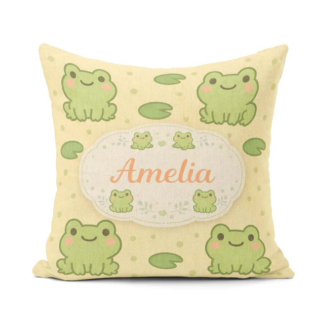 Custom Name Cute Frog Lily Pad Cartoon Animal Pattern Gift Idea Square Filled Cushion Throw Pillow Sofa Bed Home Decor Zip Washable UK Made