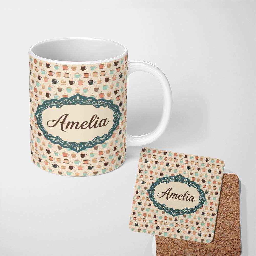 Personalized Custom Name Soft Pastel Coffee Cups Cute Repeating Seamless Pattern Lovely 11oz Ceramic Coffee Tea Mug White Large Handle
