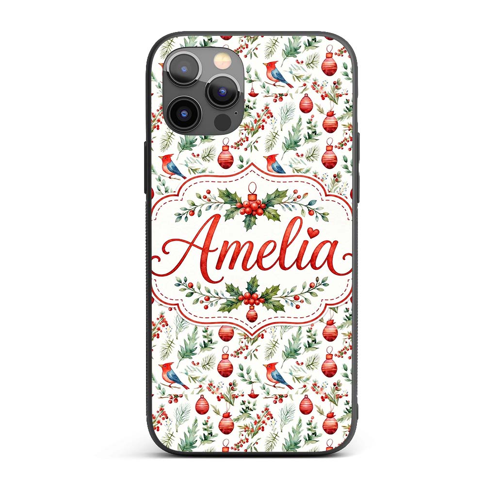 Watercolor Christmas Birds Baubles Holly Leaves Custom Name Protective Phone Case Mobile Cover Durable Everyday Smartphone Shock Resistant