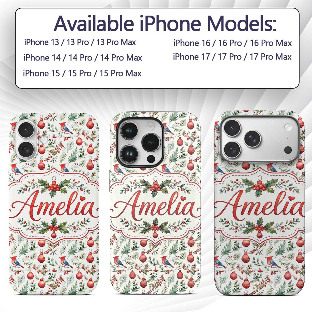 Watercolor Christmas Birds Baubles Holly Leaves Custom Name Protective Phone Case Mobile Cover Durable Everyday Smartphone Shock Resistant
