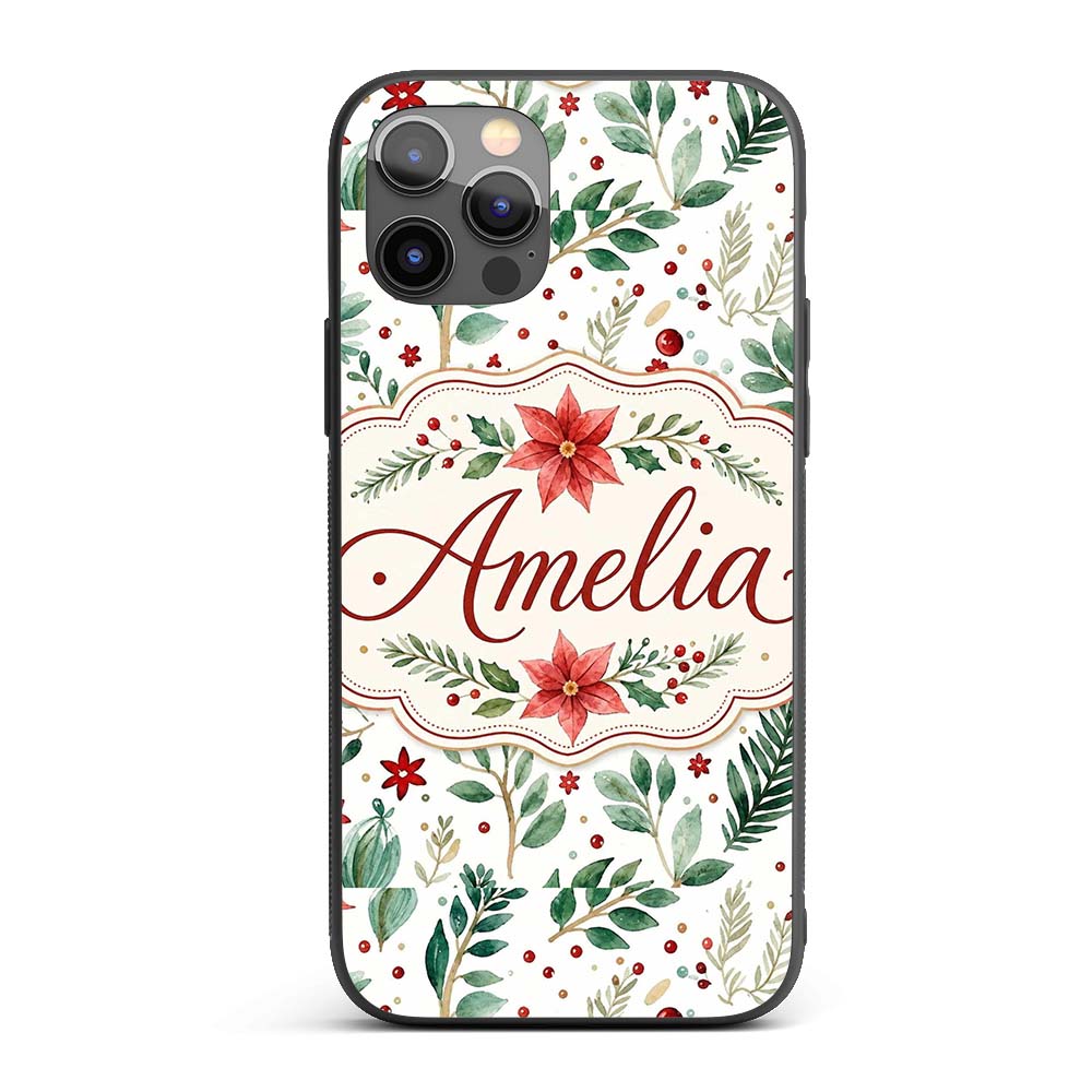 Delicate Christmas Poinsettia Leaves Botanical Custom Name Protective Phone Case Mobile Cover Durable Everyday Smartphone Shock Resistant
