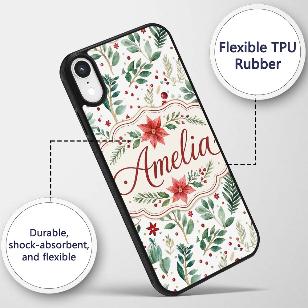 Delicate Christmas Poinsettia Leaves Botanical Custom Name Protective Phone Case Mobile Cover Durable Everyday Smartphone Shock Resistant