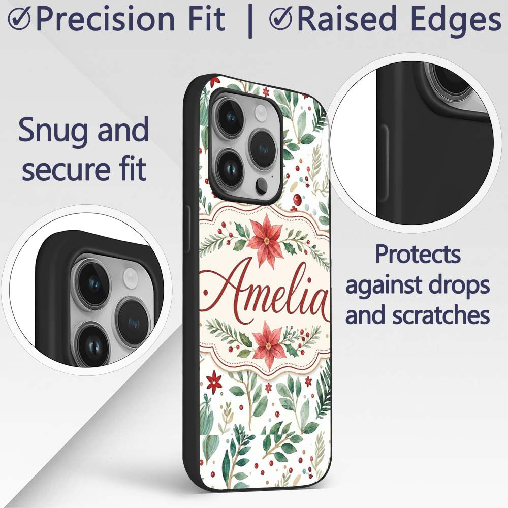 Delicate Christmas Poinsettia Leaves Botanical Custom Name Protective Phone Case Mobile Cover Durable Everyday Smartphone Shock Resistant