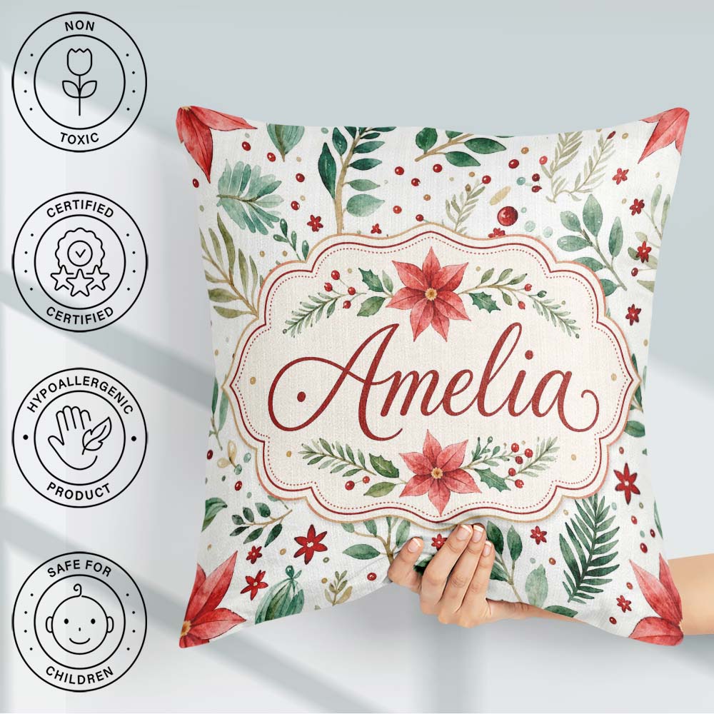 Custom Name Delicate Christmas Poinsettia Botanical Watercolor Square Filled Cushion Throw Pillow Sofa Bed Home Decor Zip Washable UK Made