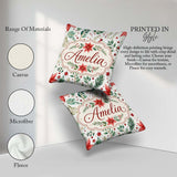 Custom Name Delicate Christmas Poinsettia Botanical Watercolor Square Filled Cushion Throw Pillow Sofa Bed Home Decor Zip Washable UK Made