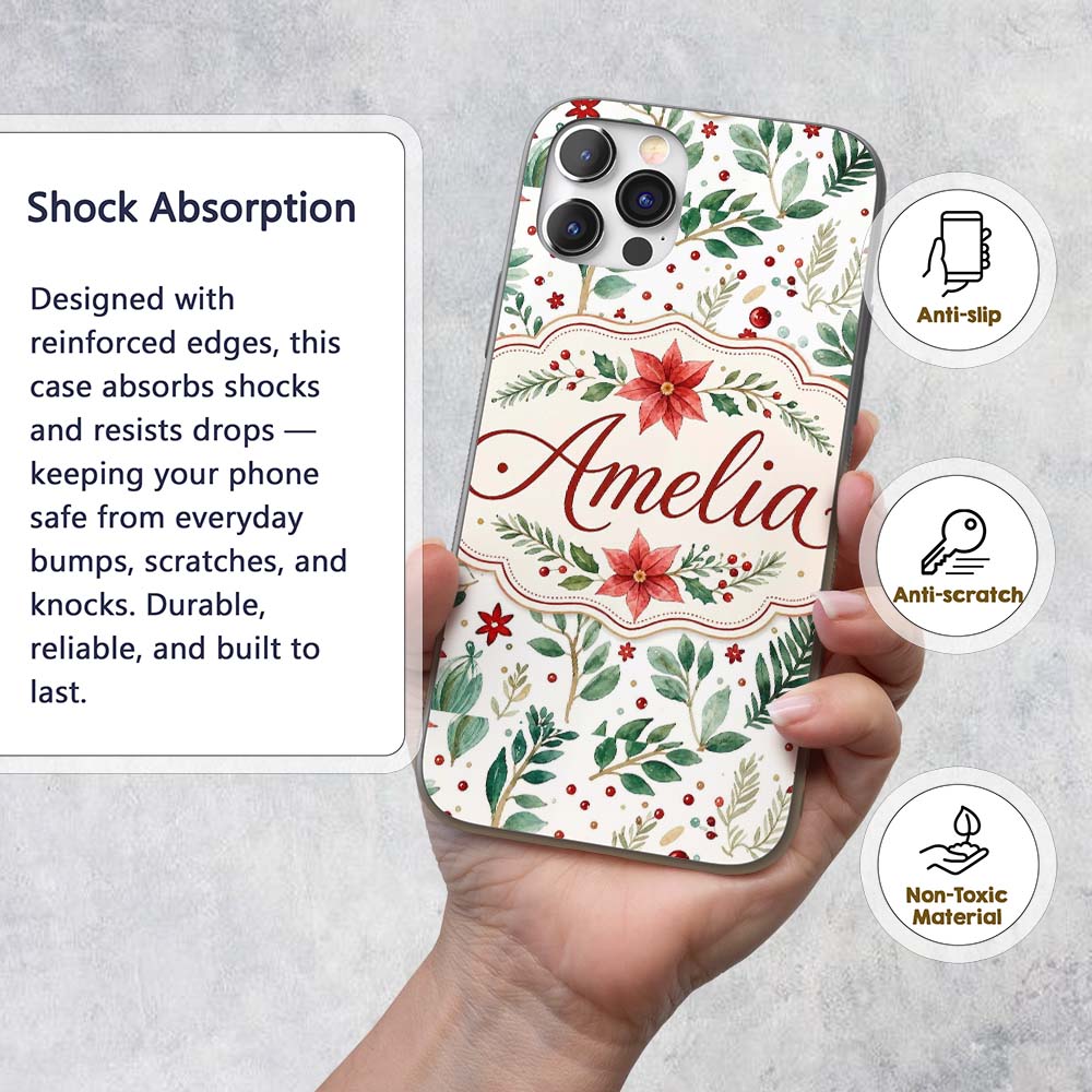 Delicate Christmas Poinsettia Leaves Botanical Custom Name Protective Phone Case Mobile Cover Durable Everyday Smartphone Shock Resistant