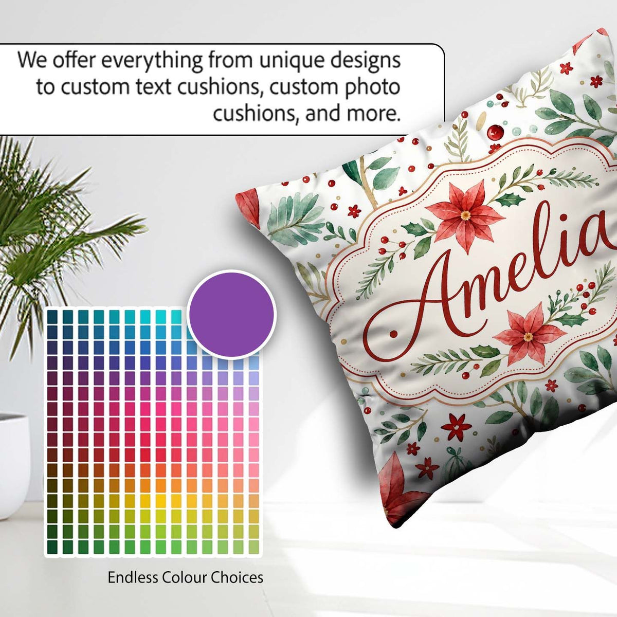 Custom Name Delicate Christmas Poinsettia Botanical Watercolor Square Filled Cushion Throw Pillow Sofa Bed Home Decor Zip Washable UK Made