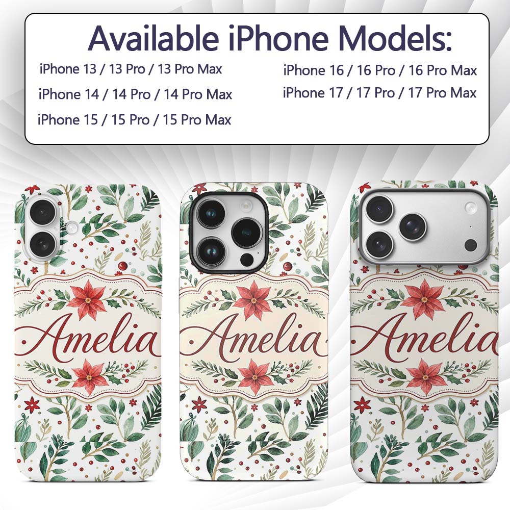 Delicate Christmas Poinsettia Leaves Botanical Custom Name Protective Phone Case Mobile Cover Durable Everyday Smartphone Shock Resistant