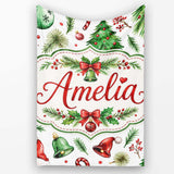 Watercolor Christmas Trees Bells Santa Hats Festive Seamless Pattern  Personalised Custom Name Super Soft Fleece Blanket Bed Sofa Throw