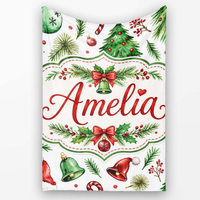 Watercolor Christmas Trees Bells Santa Hats Festive Seamless Pattern  Personalised Custom Name Super Soft Fleece Blanket Bed Sofa Throw