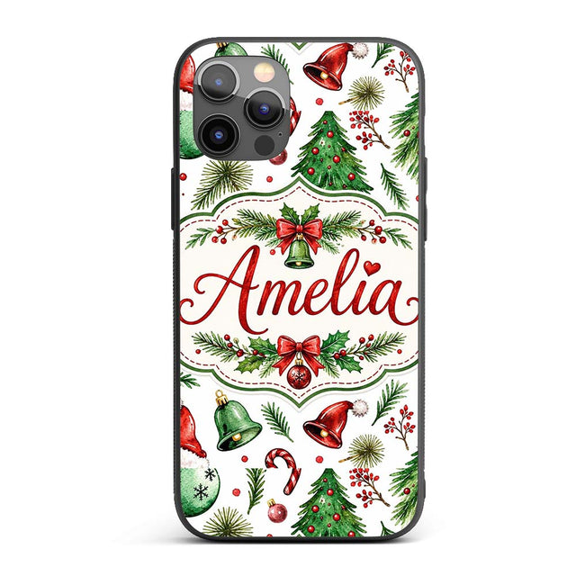 Watercolor Christmas Trees Bells Printed Design Custom Name Protective Phone Case Mobile Cover Durable Everyday Smartphone Shock Resistant