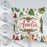 Custom Name Watercolor Christmas Trees Bells Santa Hats Seamless Square Filled Cushion Throw Pillow Sofa Bed Home Decor Zip Washable UK Made