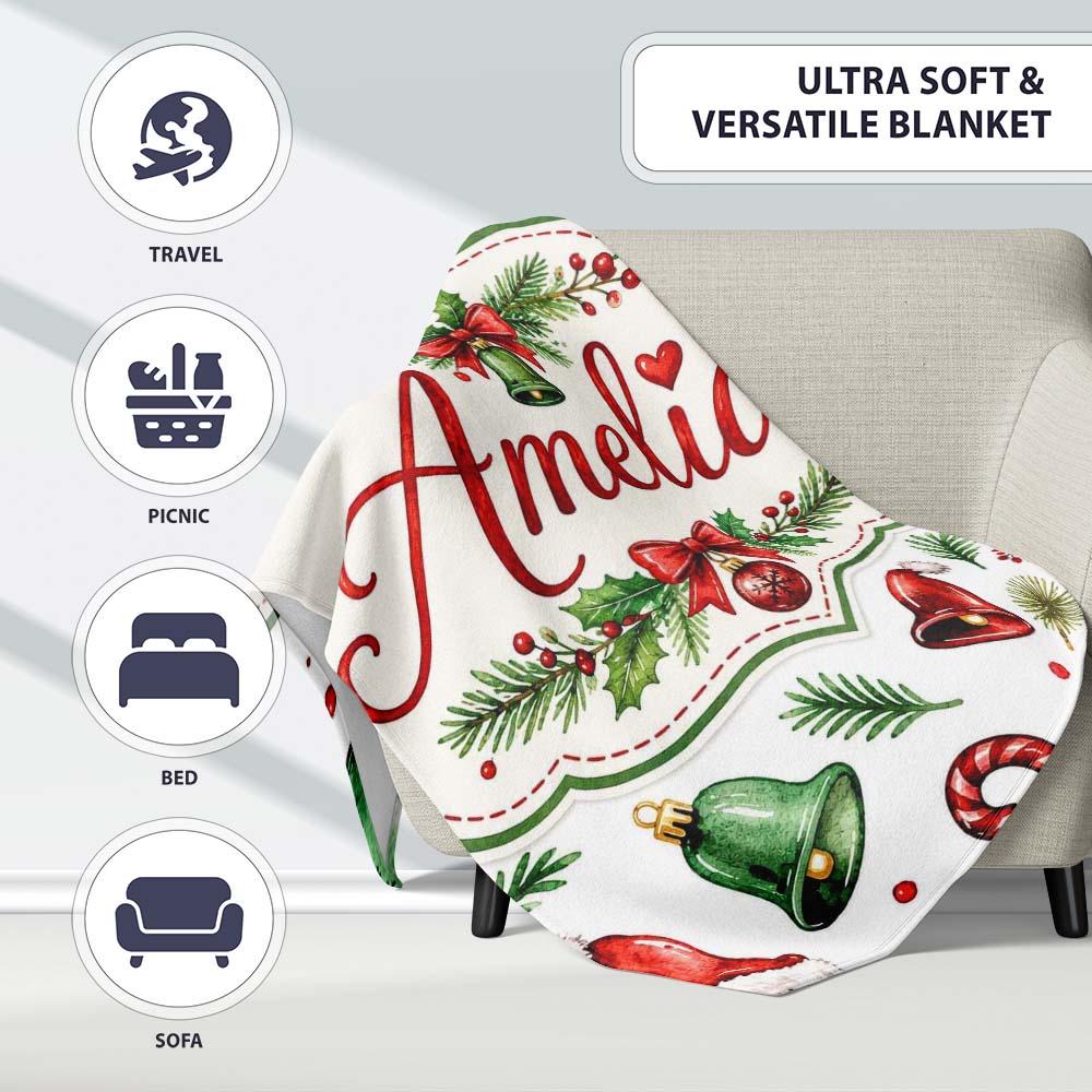 Watercolor Christmas Trees Bells Santa Hats Festive Seamless Pattern  Personalised Custom Name Super Soft Fleece Blanket Bed Sofa Throw