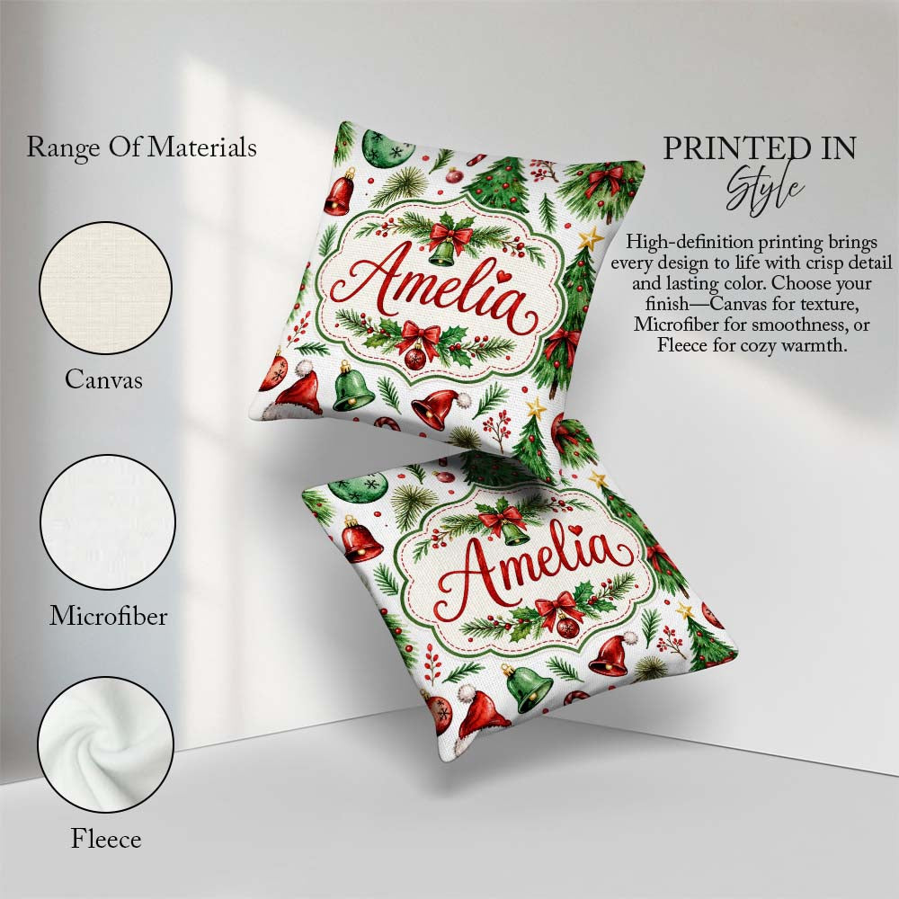 Custom Name Watercolor Christmas Trees Bells Santa Hats Seamless Square Filled Cushion Throw Pillow Sofa Bed Home Decor Zip Washable UK Made