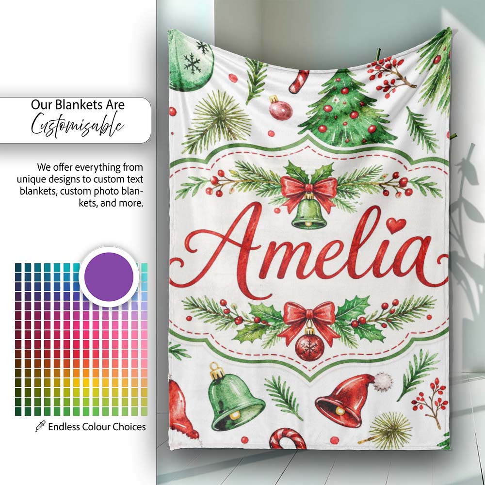 Watercolor Christmas Trees Bells Santa Hats Festive Seamless Pattern  Personalised Custom Name Super Soft Fleece Blanket Bed Sofa Throw