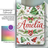 Watercolor Christmas Trees Bells Santa Hats Festive Seamless Pattern  Personalised Custom Name Super Soft Fleece Blanket Bed Sofa Throw