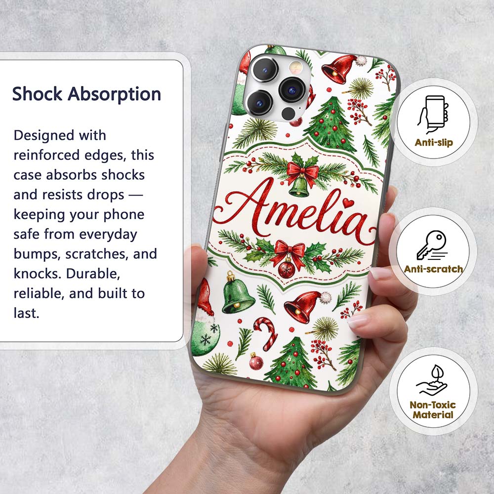 Watercolor Christmas Trees Bells Printed Design Custom Name Protective Phone Case Mobile Cover Durable Everyday Smartphone Shock Resistant