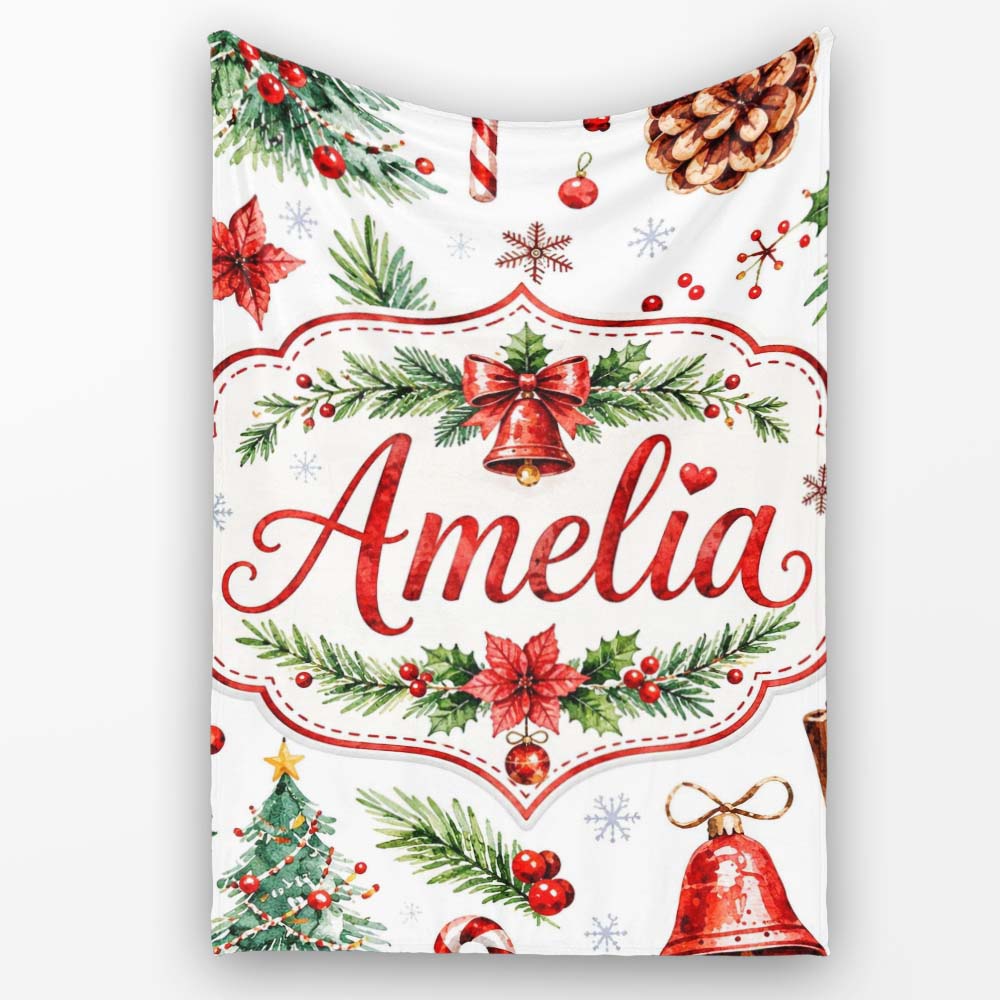 Watercolor Christmas Santa Hat Tree Branches Snowflakes Festive  Personalised Custom Name Super Soft Fleece Blanket Bed Sofa Throw
