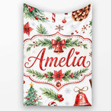 Watercolor Christmas Santa Hat Tree Branches Snowflakes Festive  Personalised Custom Name Super Soft Fleece Blanket Bed Sofa Throw