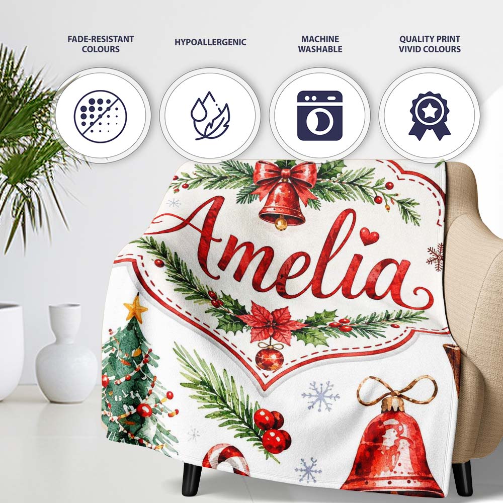 Watercolor Christmas Santa Hat Tree Branches Snowflakes Festive  Personalised Custom Name Super Soft Fleece Blanket Bed Sofa Throw