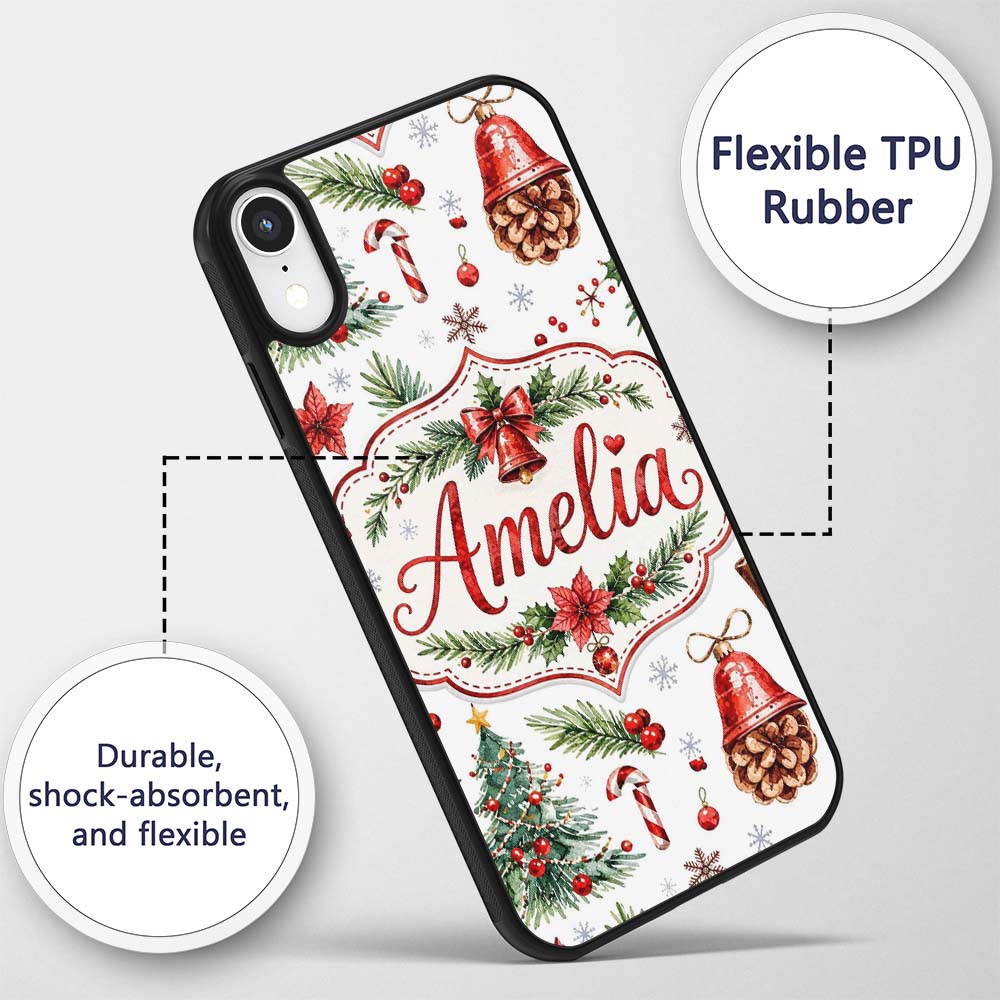 Watercolor Christmas Santa Hat Tree Branches Custom Name Protective Phone Case Mobile Cover Durable Everyday Smartphone Shock Resistant