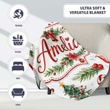 Watercolor Christmas Santa Hat Tree Branches Snowflakes Festive  Personalised Custom Name Super Soft Fleece Blanket Bed Sofa Throw