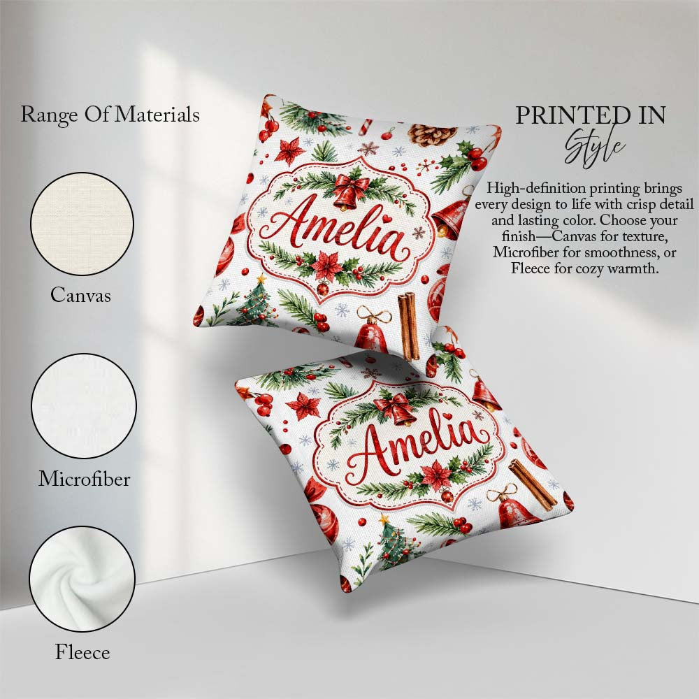 Custom Name Watercolor Christmas Santa Hat Tree Branches Festive Square Filled Cushion Throw Pillow Sofa Bed Home Decor Zip Washable UK Made