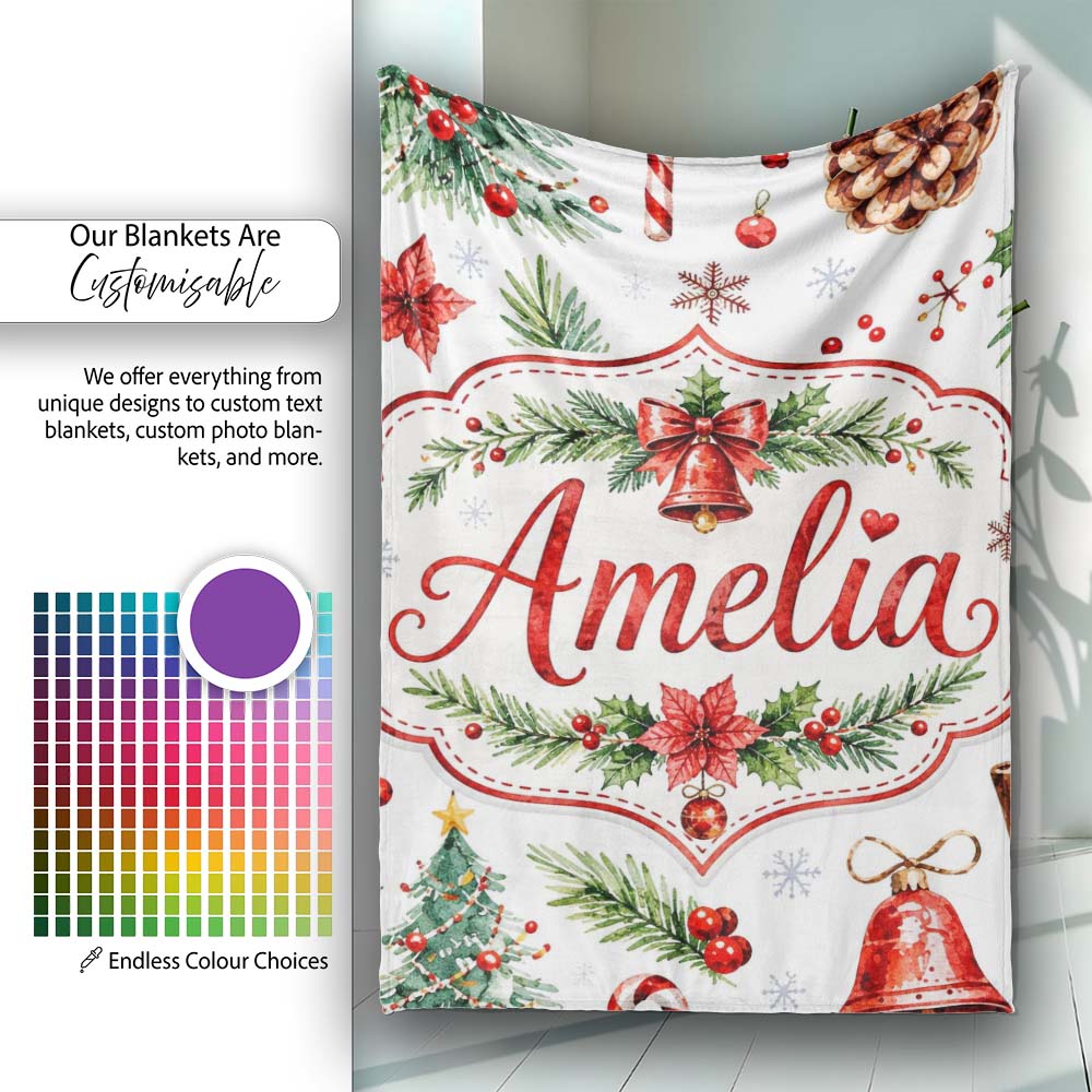 Watercolor Christmas Santa Hat Tree Branches Snowflakes Festive  Personalised Custom Name Super Soft Fleece Blanket Bed Sofa Throw