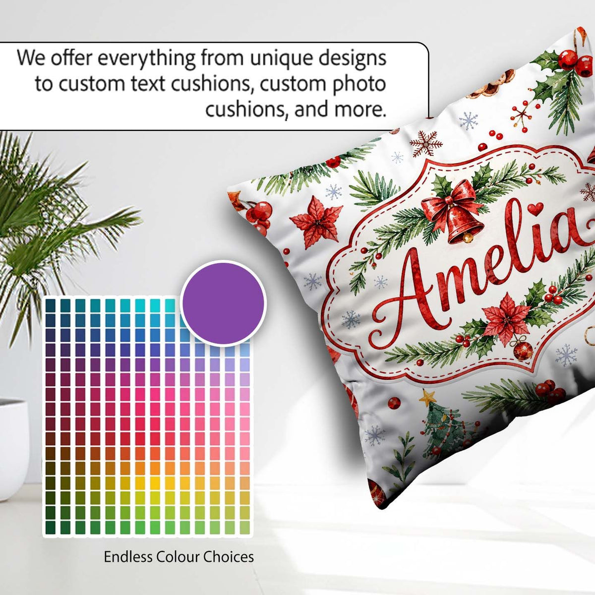 Custom Name Watercolor Christmas Santa Hat Tree Branches Festive Square Filled Cushion Throw Pillow Sofa Bed Home Decor Zip Washable UK Made