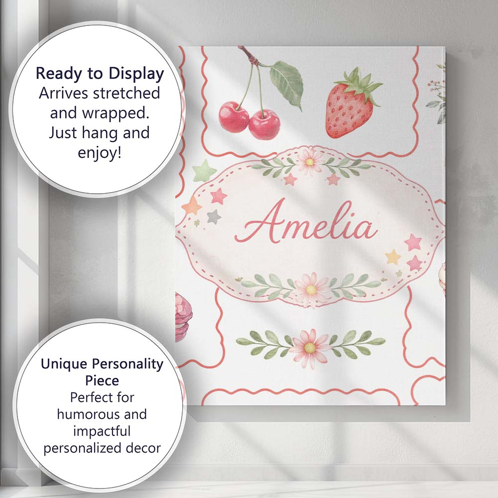 Personalised Name Strawberry Cherry Bow Seamless Pattern Coral Frame Custom  Home Canvas Wall Art Print Decor Picture Ready to Hang