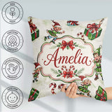 Custom Name Playful Christmas Elves Gifts Candy Festive Seamless Square Filled Cushion Throw Pillow Sofa Bed Home Decor Zip Washable UK Made