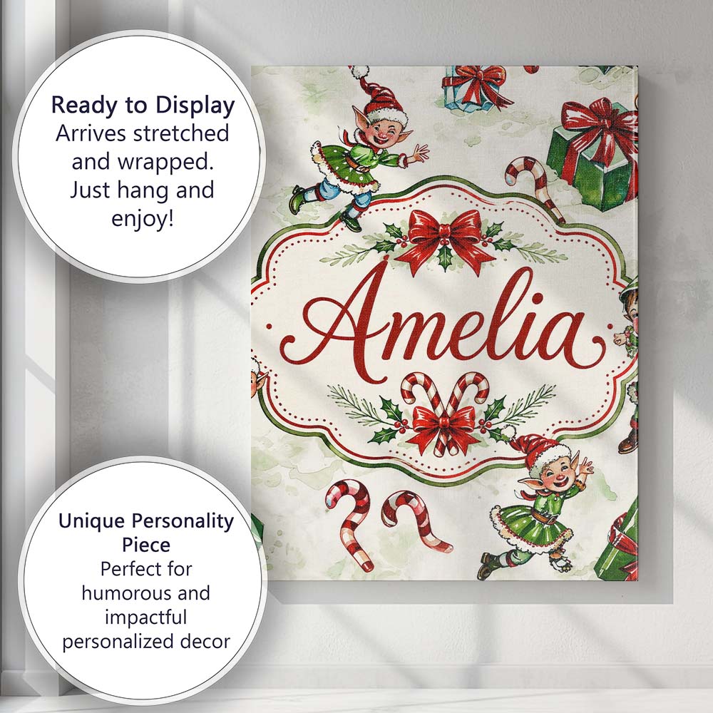 Personalised Name Playful Christmas Elves Custom  Unique Gift Idea Elegant Feature Canvas Wall Art Print Decor Picture Ready to Hang
